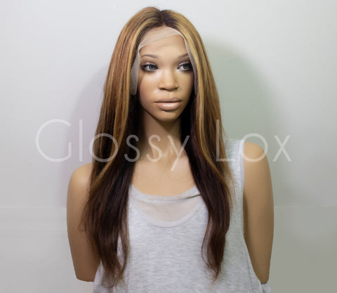 24" 13x6 150% Human Hair Lace Wig Brown Blonde Highlights